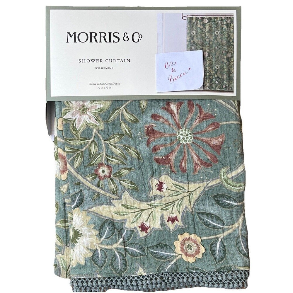 William Morris & Co Wilhemina Shower Curtain Green Floral Boho Textured Fabric